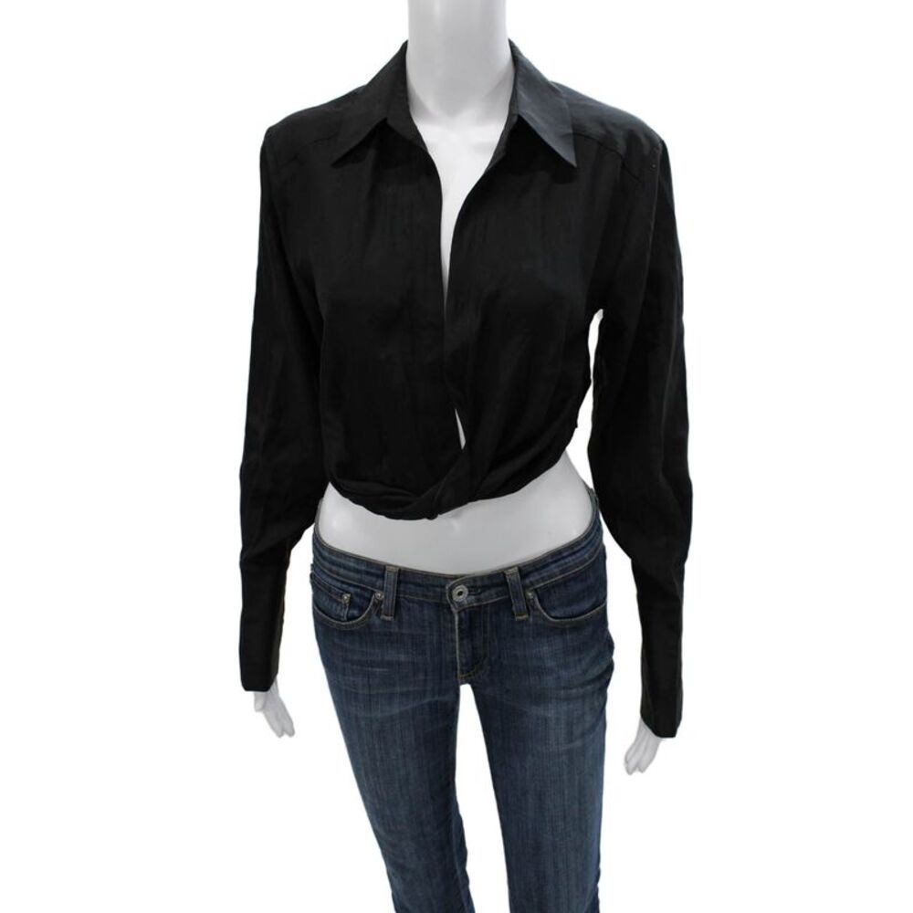 GAUGE81 Womens Cropped Collared Blouse Black Long Sleeve Size XS